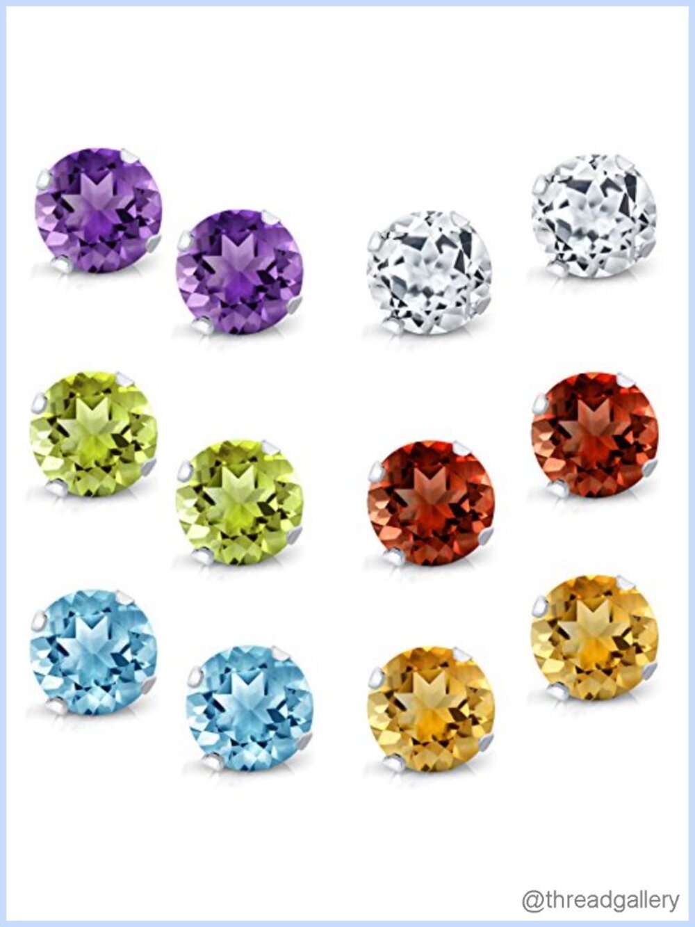 925 Sterling Silver 4MM Round Gemstone Stud Earrings Set of 6 Prong Set